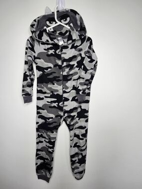 Carter's Boys Gray Camo Fleece One Piece Pajamas Monster Hood Size 4🩷